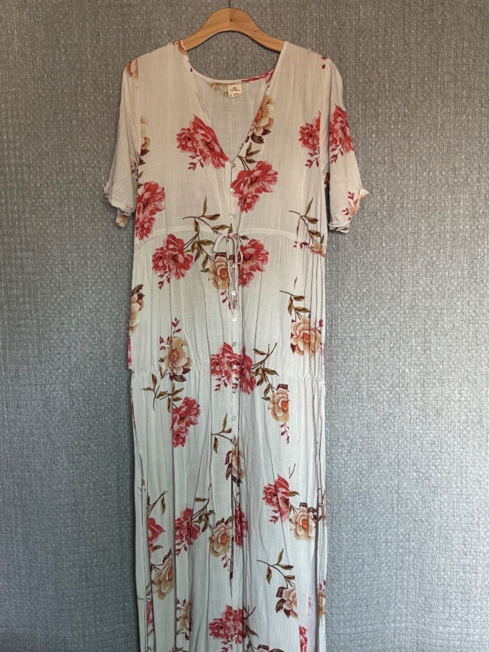 Women's O'Neill Floral Maxi Dress Cream Pink Boho Button Front Tie Waist Large